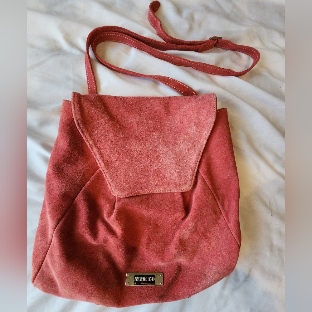 Pink suede crossbody bag